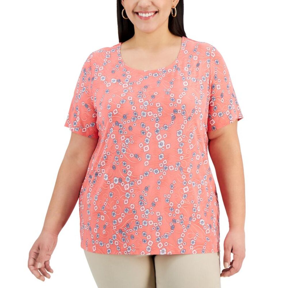 JM Collection Plus Size Jacquard Printed Scoop Neck Top